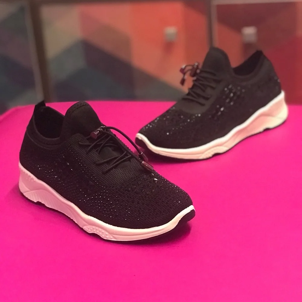 Italina GEMA Lace Up Black Knit Platform Bubble Rhinestone Sneakers